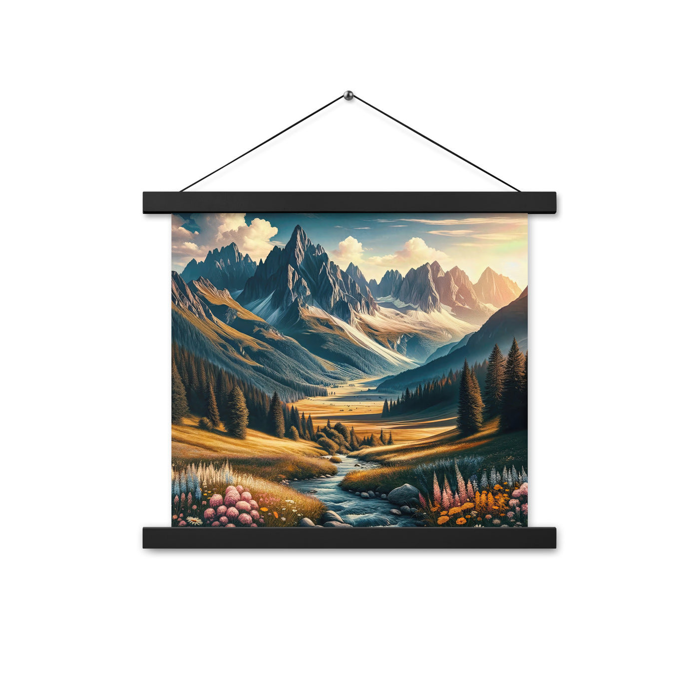 Quadratisches Kunstwerk der Alpen, majestätische Berge unter goldener Sonne - Premium Poster mit Aufhängung berge xxx yyy zzz 35.6 x 35.6 cm
