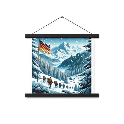 Quadratische Winterillustration der Alpen mit deutscher Flagge und Wanderteam - Premium Poster mit Aufhängung wandern xxx yyy zzz 35.6 x 35.6 cm