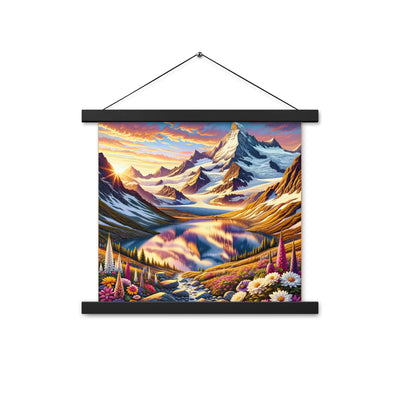 Quadratische Illustration der Alpen mit schneebedeckten Gipfeln und Wildblumen - Premium Poster mit Aufhängung berge xxx yyy zzz 35.6 x 35.6 cm