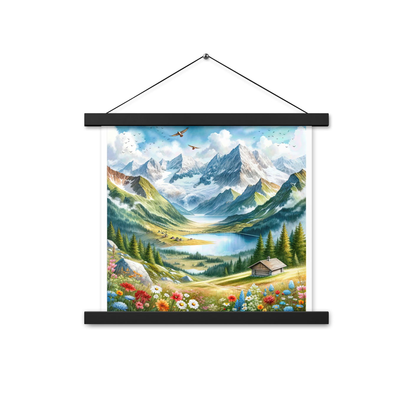 Quadratisches Aquarell der Alpen, Berge mit schneebedeckten Spitzen - Premium Poster mit Aufhängung berge xxx yyy zzz 35.6 x 35.6 cm