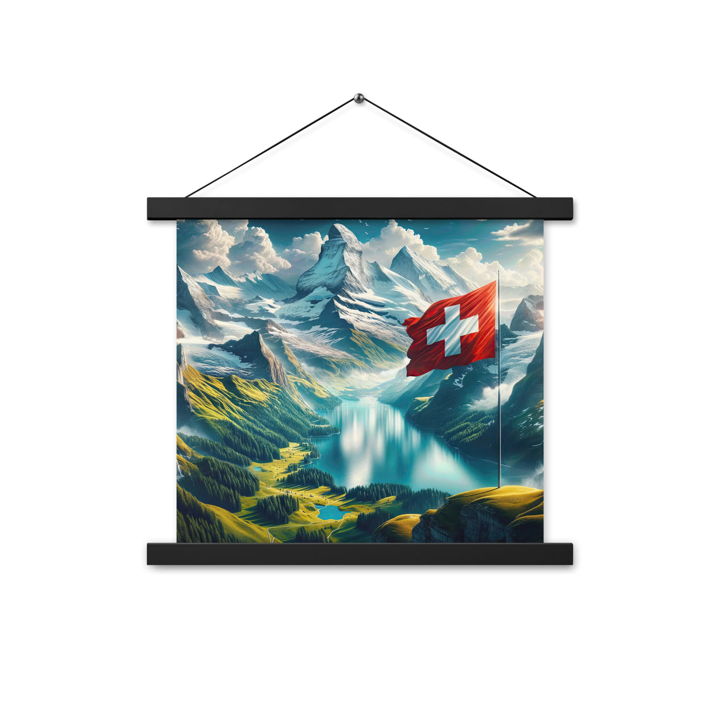 Ultraepische, fotorealistische Darstellung der Schweizer Alpenlandschaft mit Schweizer Flagge - Enhanced Matte Paper Poster With Hanger berge xxx yyy zzz 35.6 x 35.6 cm