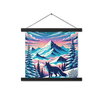 Vektorgrafik eines alpinen Winterwunderlandes mit schneebedeckten Kiefern und einem Fuchs - Premium Poster mit Aufhängung camping xxx yyy zzz 35.6 x 35.6 cm