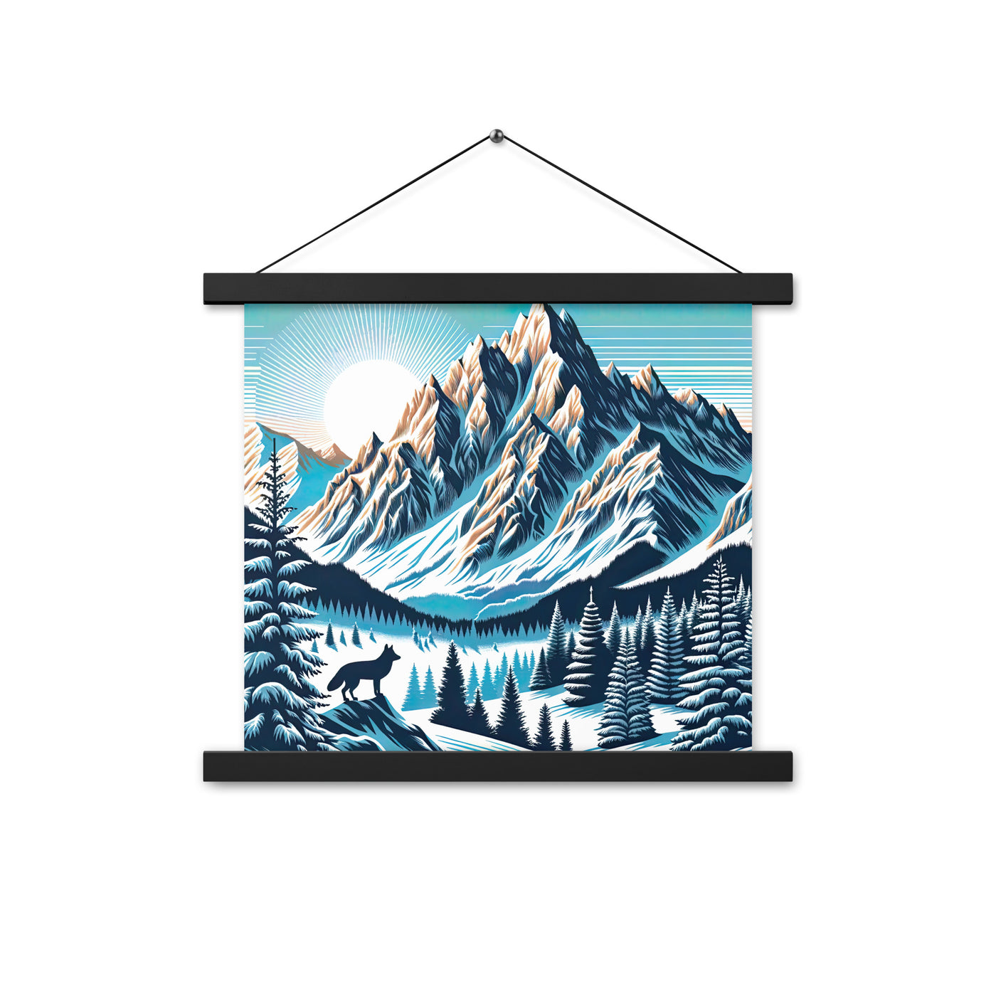 Vektorgrafik eines Wolfes im winterlichen Alpenmorgen, Berge mit Schnee- und Felsmustern - Premium Poster mit Aufhängung berge xxx yyy zzz 35.6 x 35.6 cm