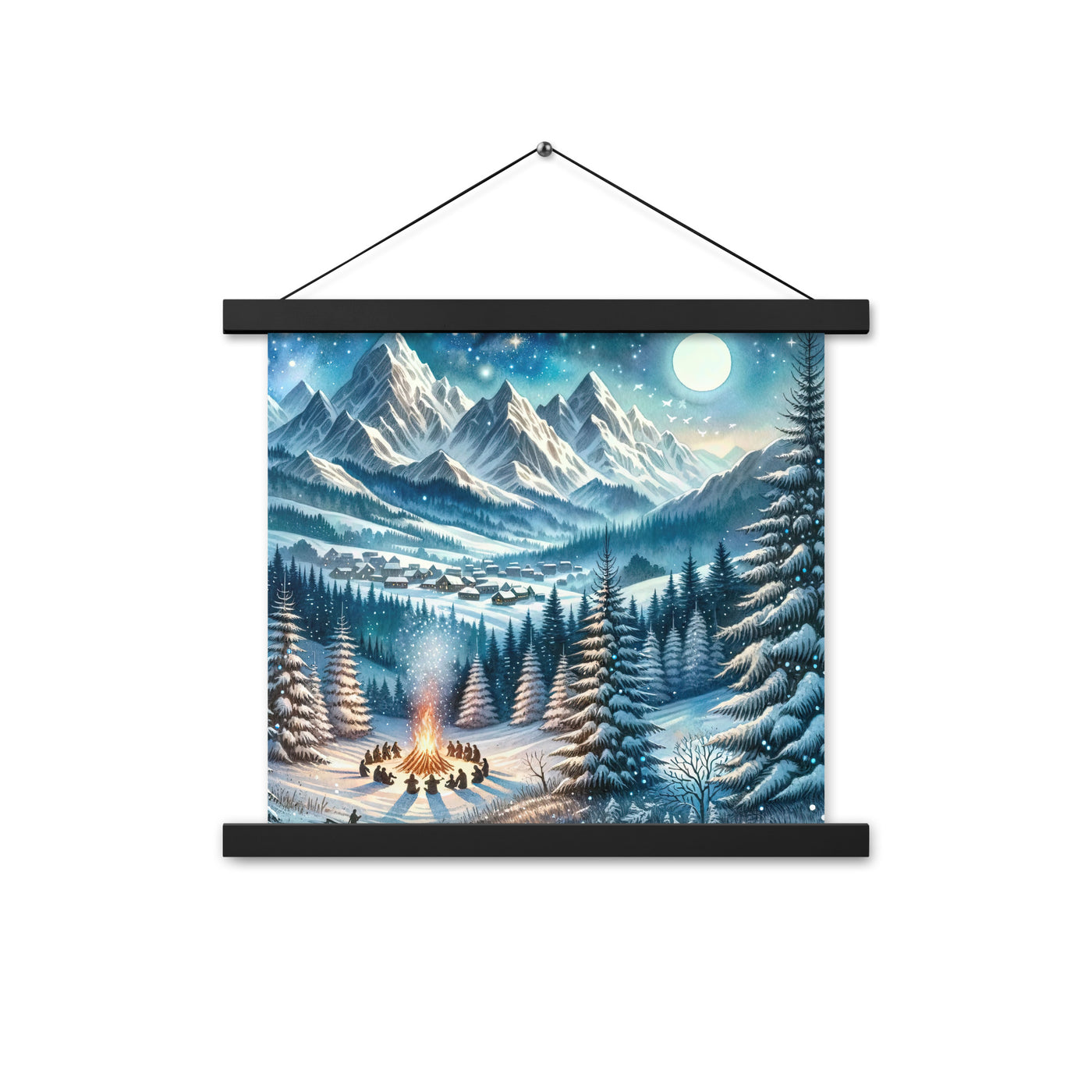 Aquarell eines Winterabends in den Alpen mit Lagerfeuer und Wanderern, glitzernder Neuschnee - Enhanced Matte Paper Poster With Hanger camping xxx yyy zzz 35.6 x 35.6 cm