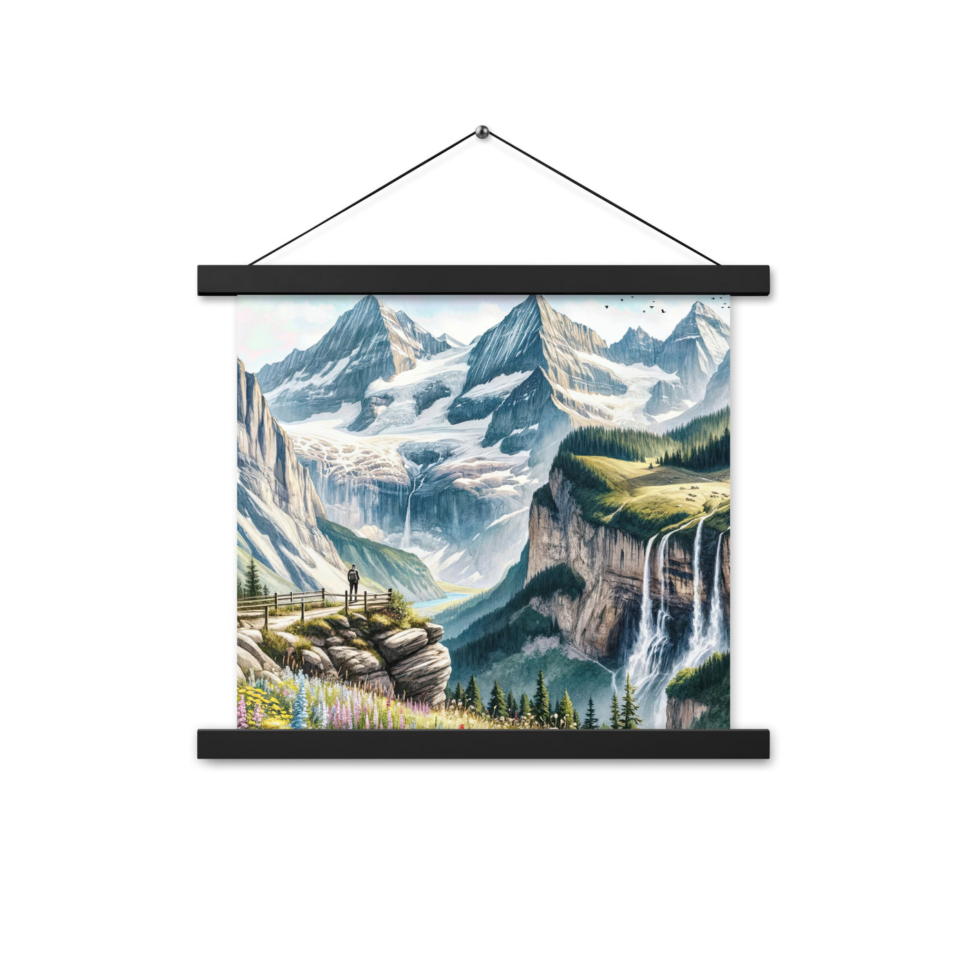 Aquarell-Panoramablick der Alpen mit schneebedeckten Gipfeln, Wasserfällen und Wanderern - Premium Poster mit Aufhängung wandern xxx yyy zzz 35.6 x 35.6 cm