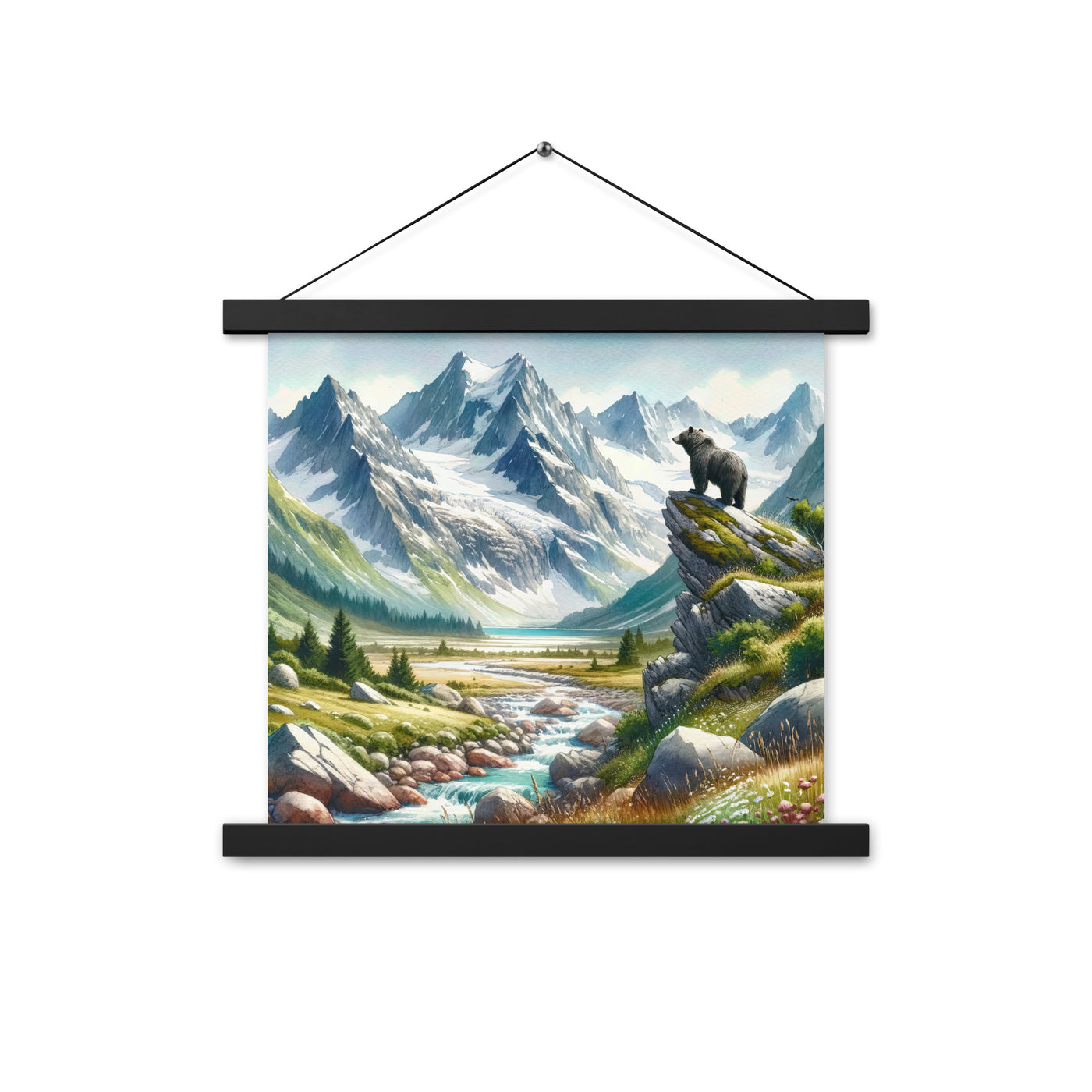 Aquarellmalerei eines Bären und der sommerlichen Alpenschönheit mit schneebedeckten Ketten - Enhanced Matte Paper Poster With Hanger camping xxx yyy zzz 35.6 x 35.6 cm