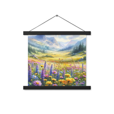 Aquarell einer Almwiese in Ruhe, Wildblumenteppich in Gelb, Lila, Rosa - Premium Poster mit Aufhängung berge xxx yyy zzz 35.6 x 35.6 cm