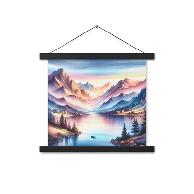Aquarell einer Dämmerung in den Alpen, Boot auf einem See in Pastell-Licht - Premium Poster mit Aufhängung berge xxx yyy zzz 35.6 x 35.6 cm