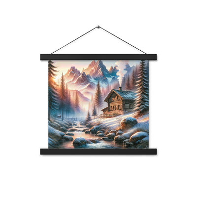 Aquarell einer Alpenszene im Morgengrauen, Haus in den Bergen - Premium Poster mit Aufhängung berge xxx yyy zzz 35.6 x 35.6 cm