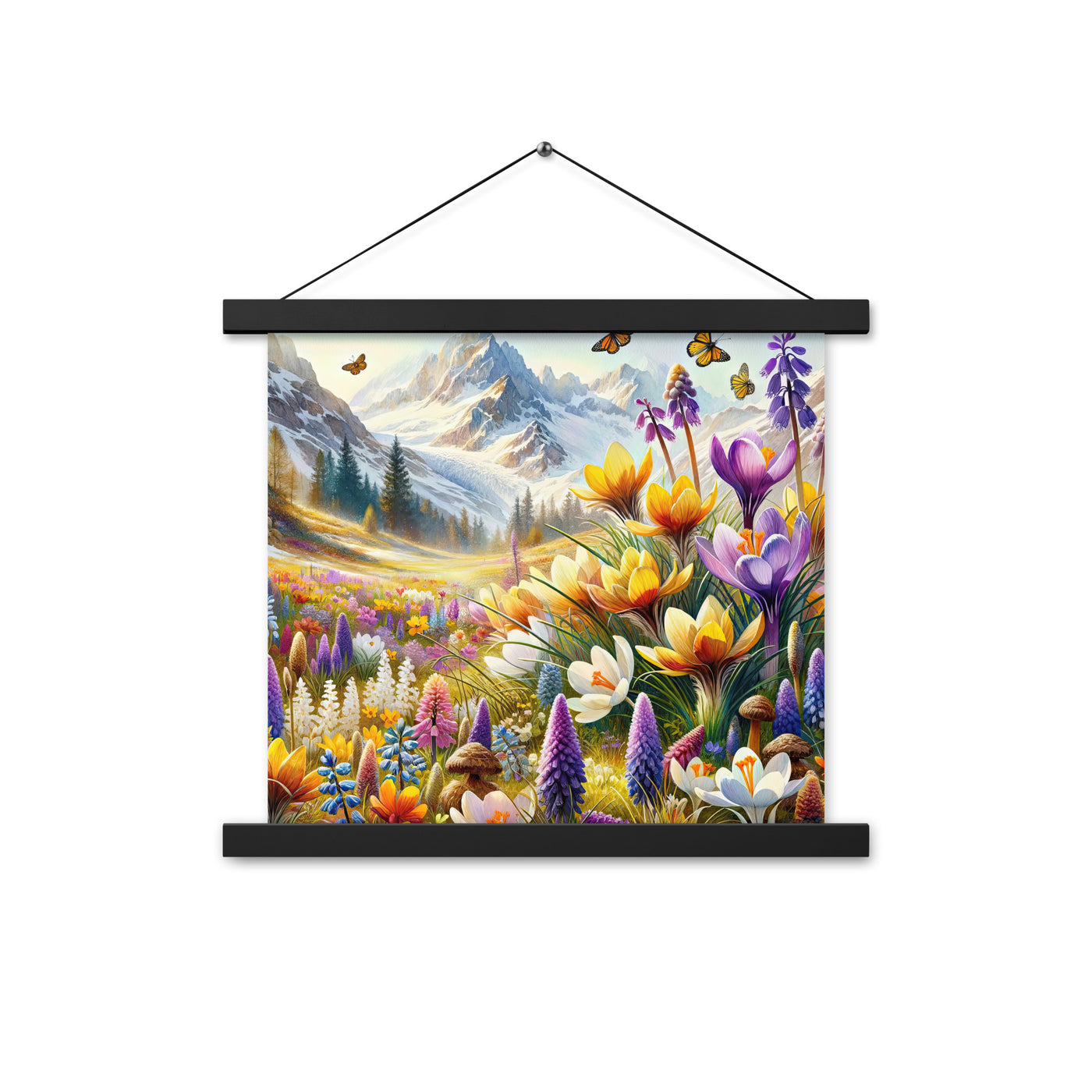Aquarell einer ruhigen Almwiese, farbenfrohe Bergblumen in den Alpen - Premium Poster mit Aufhängung berge xxx yyy zzz 35.6 x 35.6 cm