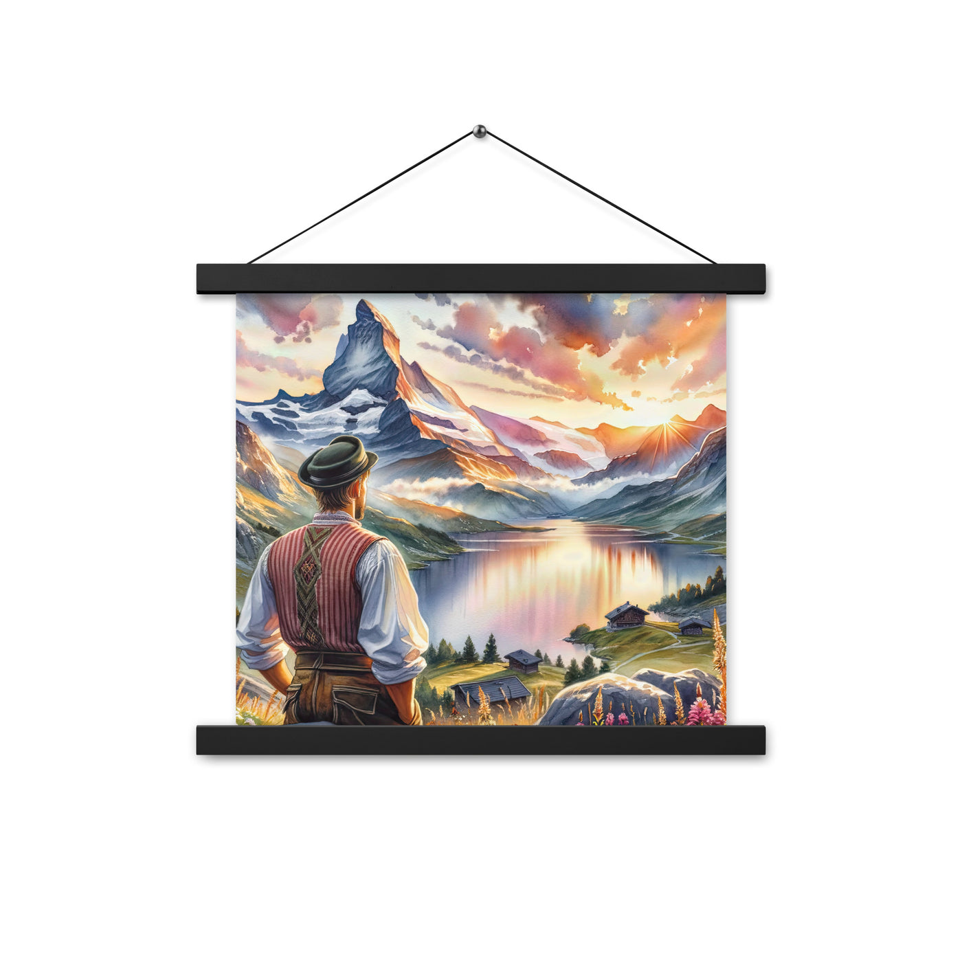 Aquarell einer Berglandschaft in der goldenen Stunde mit österreichischem Wanderer - Premium Poster mit Aufhängung wandern xxx yyy zzz 35.6 x 35.6 cm