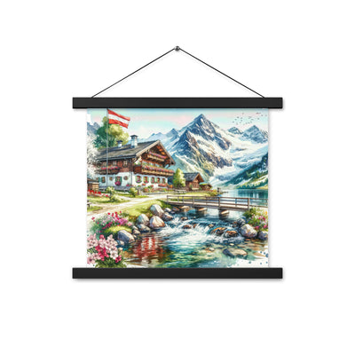 Aquarell der frühlingshaften Alpenkette mit österreichischer Flagge und schmelzendem Schnee - Enhanced Matte Paper Poster With Hanger berge xxx yyy zzz 35.6 x 35.6 cm
