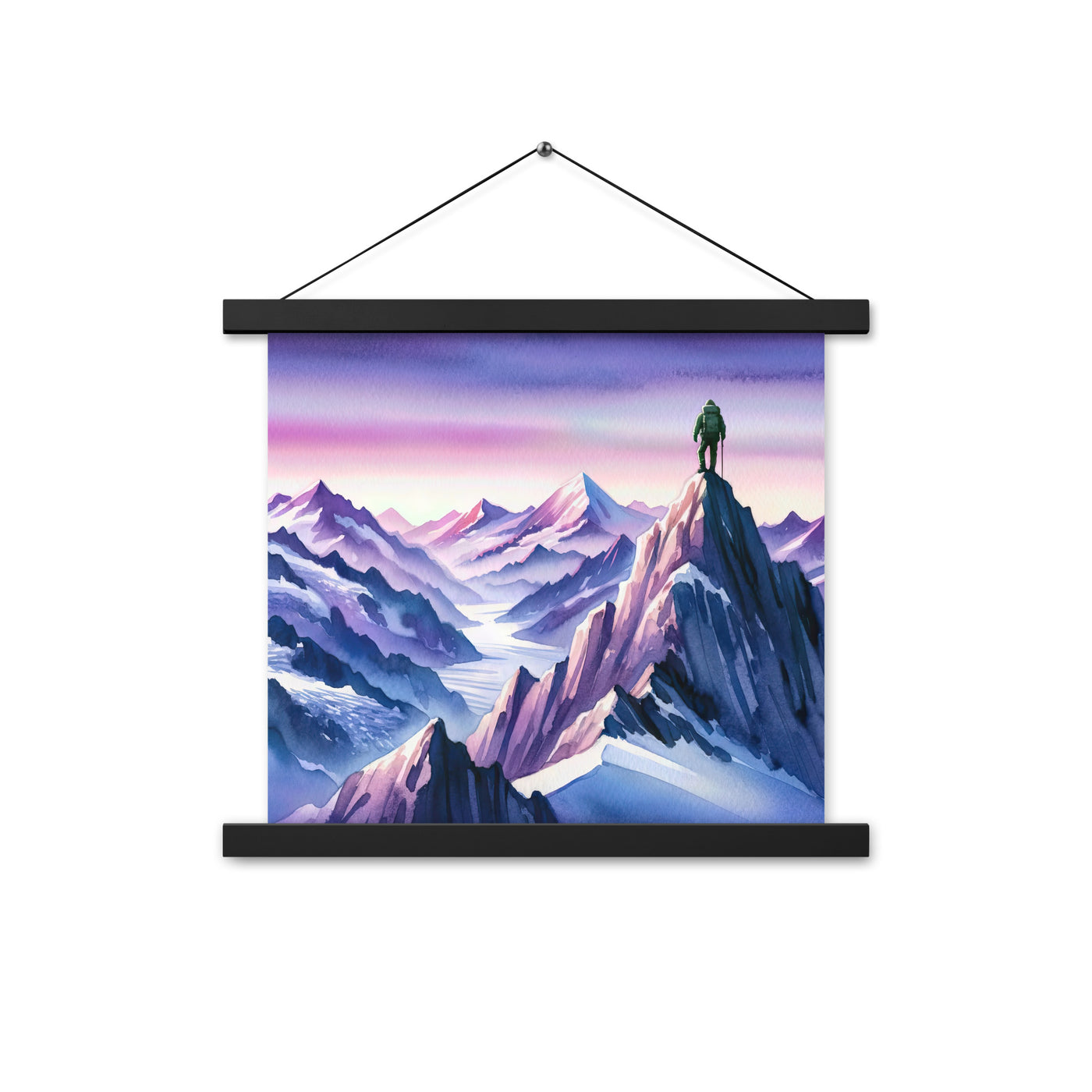 Aquarell eines Bergsteigers auf einem Alpengipfel in der Abenddämmerung - Premium Poster mit Aufhängung wandern xxx yyy zzz 35.6 x 35.6 cm