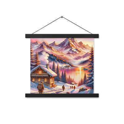 Aquarell eines Alpenpanoramas mit Wanderern bei Sonnenuntergang in Rosa und Gold - Premium Poster mit Aufhängung wandern xxx yyy zzz 35.6 x 35.6 cm