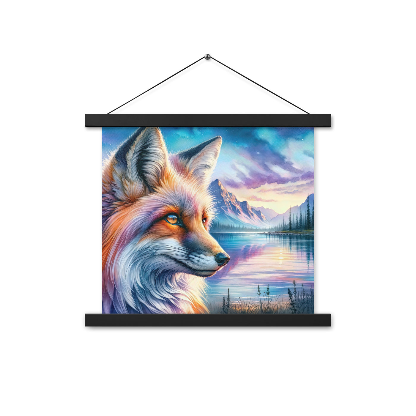 Aquarellporträt eines Fuchses im Dämmerlicht am Bergsee - Premium Poster mit Aufhängung camping xxx yyy zzz 35.6 x 35.6 cm