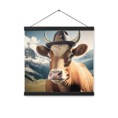 Kuh mit Hut in den Alpen - Berge im Hintergrund - Landschaftsmalerei - Premium Poster mit Aufhängung berge xxx Black 40.6 x 40.6 cm