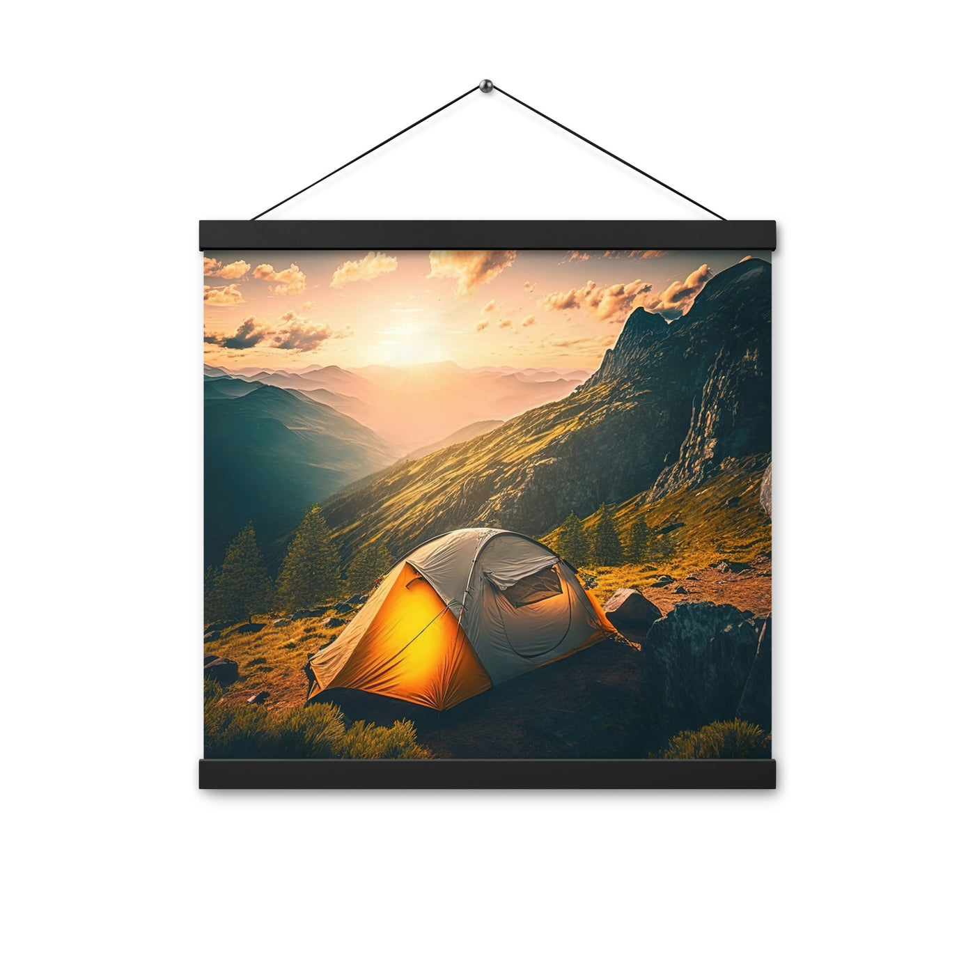 Zelt auf Berg im Sonnenaufgang - Landschafts - Premium Poster mit Aufhängung camping xxx 40.6 x 40.6 cm