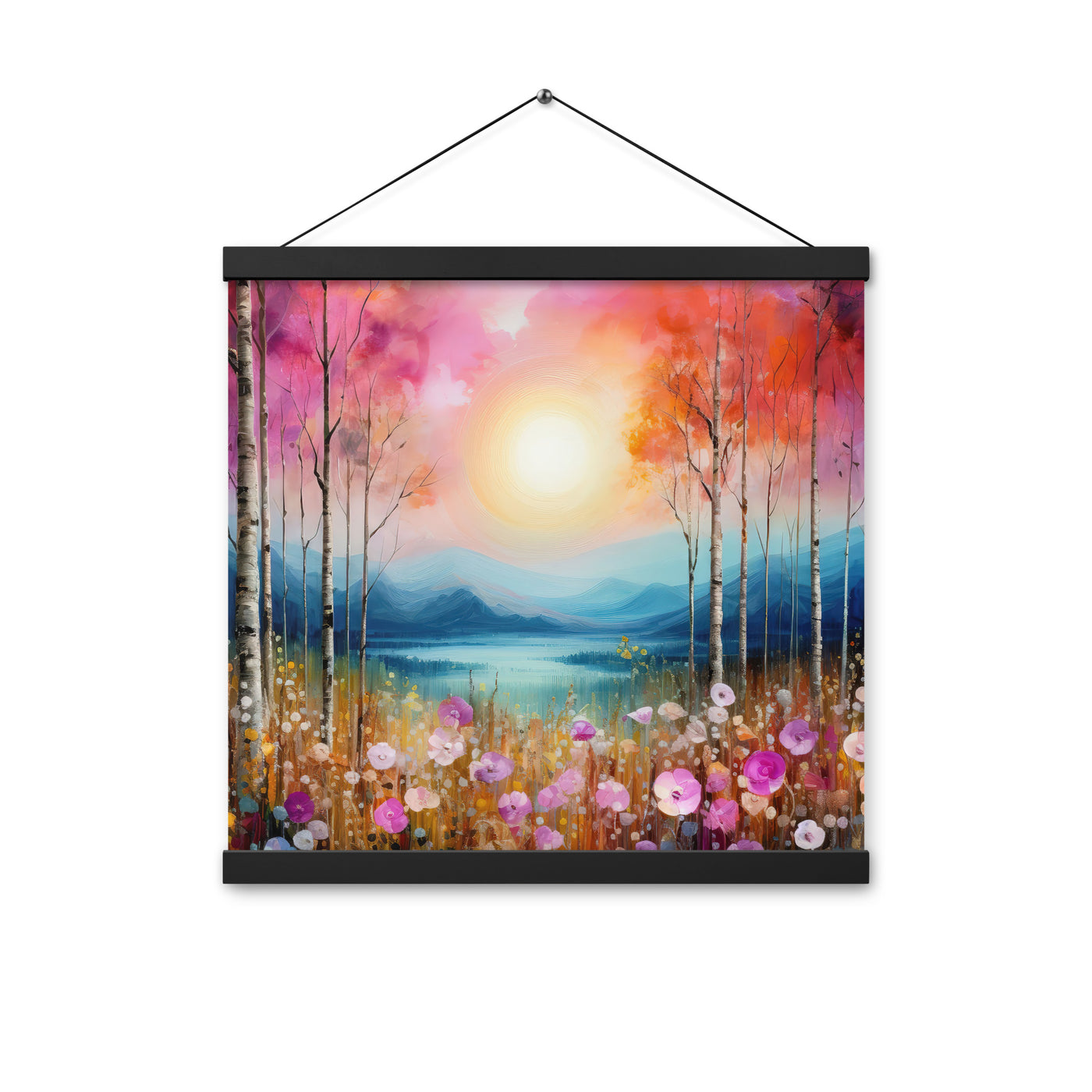 Berge, See, pinke Bäume und Blumen - Malerei - Premium Poster mit Aufhängung berge xxx 40.6 x 40.6 cm