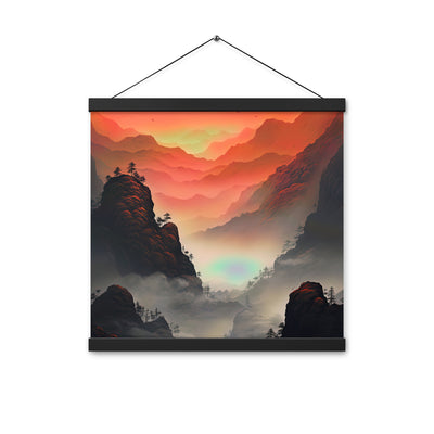 Gebirge, rote Farben und Nebel - Episches Kunstwerk - Premium Poster mit Aufhängung berge xxx 40.6 x 40.6 cm