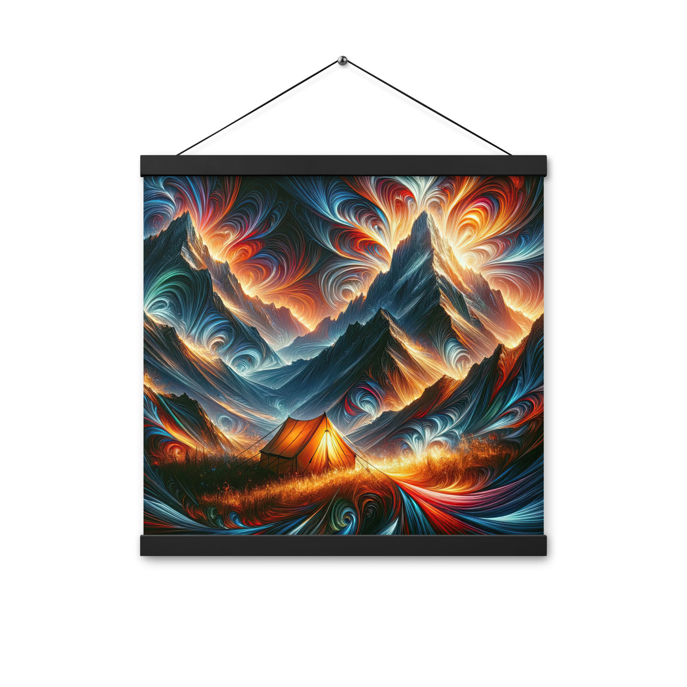 Abstrakte Kunst der Alpen, wo die Berge mit dynamischen Farben und Mustern pulsieren und eine Szene Energie schaffen - Enhanced Matte camping xxx yyy zzz 40.6 x 40.6 cm
