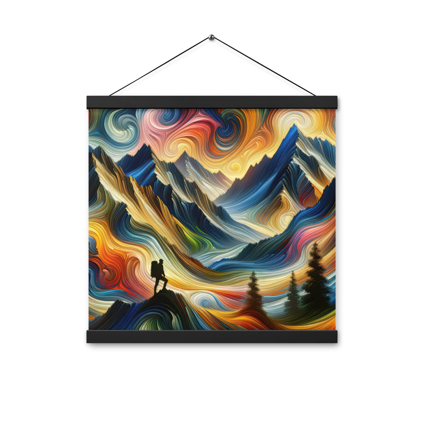 Abstraktes Kunstgemälde der Alpen mit wirbelnden, lebendigen Farben und dynamischen Mustern. Wanderer Silhouette - Enhanced Matte Paper wandern xxx yyy zzz 40.6 x 40.6 cm