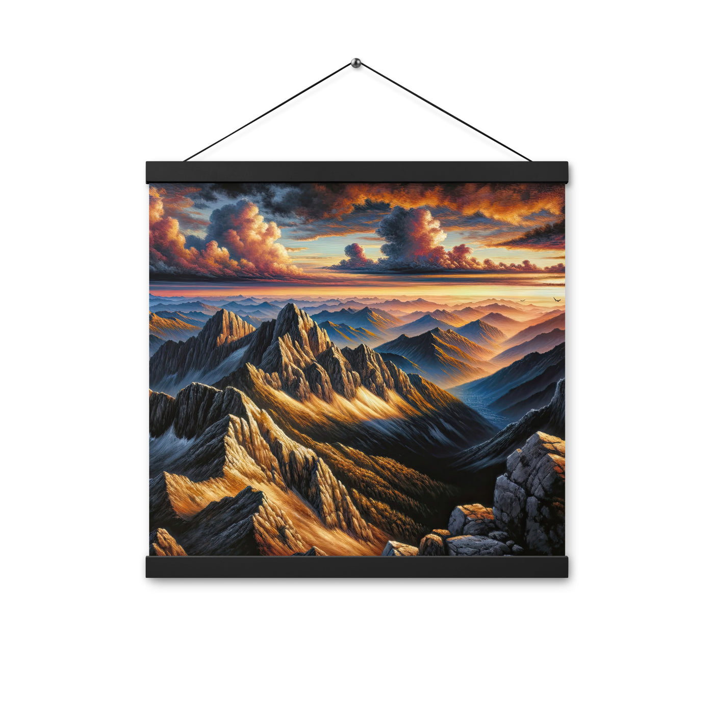 Alpen in Abenddämmerung: Acrylgemälde mit beleuchteten Berggipfeln - Premium Poster mit Aufhängung berge xxx yyy zzz 40.6 x 40.6 cm