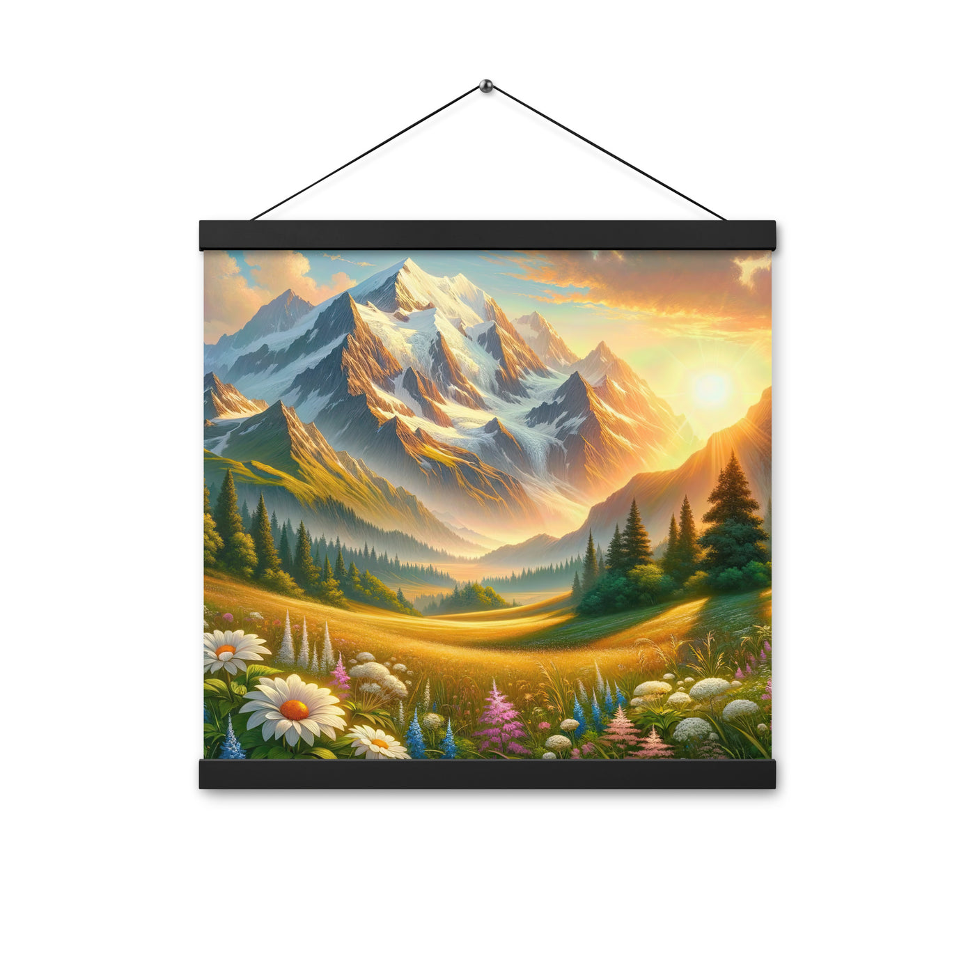 Heitere Alpenschönheit: Schneeberge und Wildblumenwiesen - Premium Poster mit Aufhängung berge xxx yyy zzz 40.6 x 40.6 cm