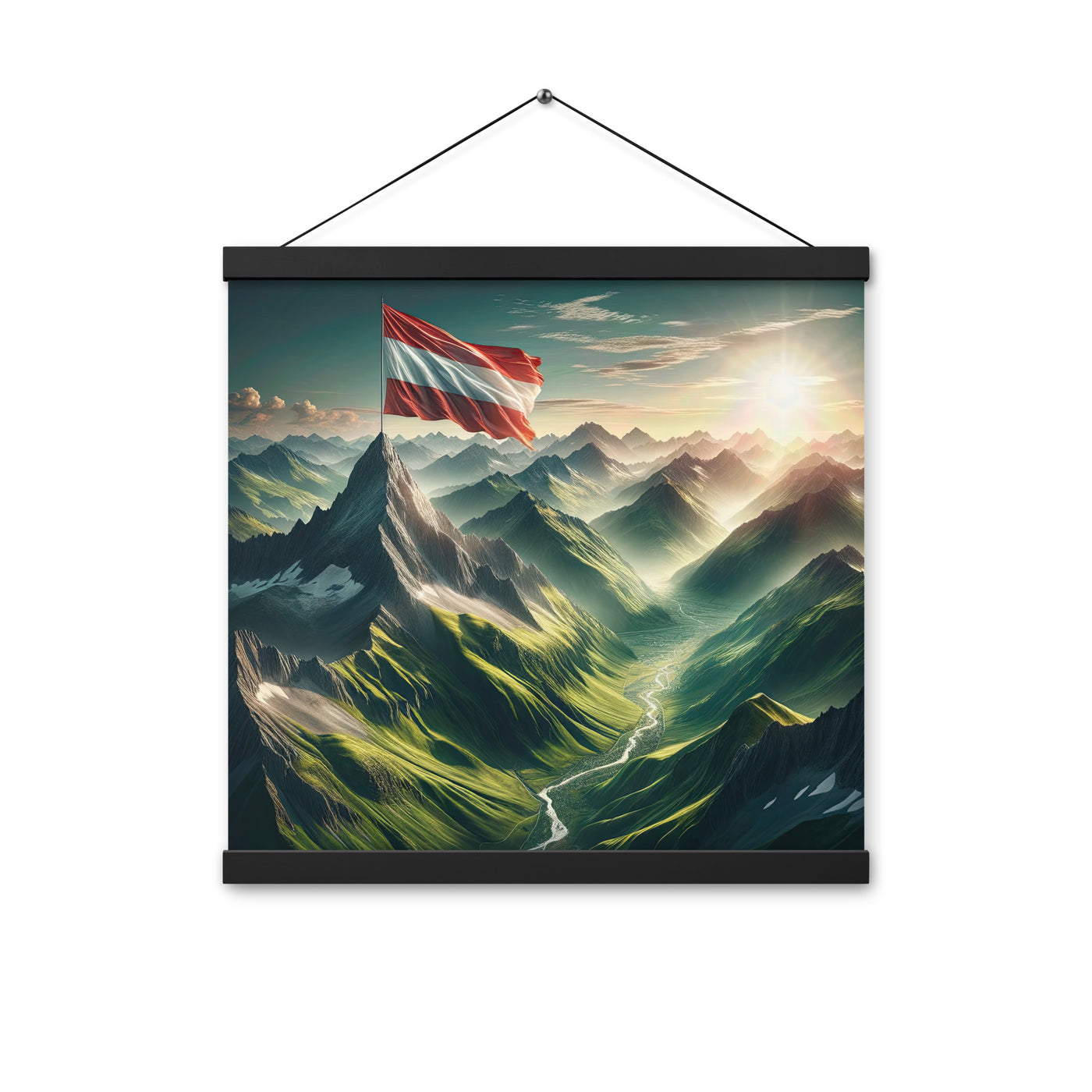 Alpen Gebirge: Fotorealistische Bergfläche mit Österreichischer Flagge - Premium Poster mit Aufhängung berge xxx yyy zzz 40.6 x 40.6 cm