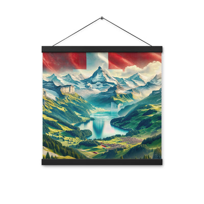 Berg Panorama: Schneeberge und Täler mit Schweizer Flagge - Premium Poster mit Aufhängung berge xxx yyy zzz 40.6 x 40.6 cm