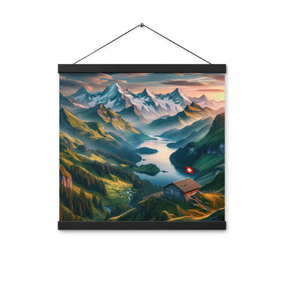Schweizer Flagge, Alpenidylle: Dämmerlicht, epische Berge und stille Gewässer - Premium Poster mit Aufhängung berge xxx yyy zzz 40.6 x 40.6 cm
