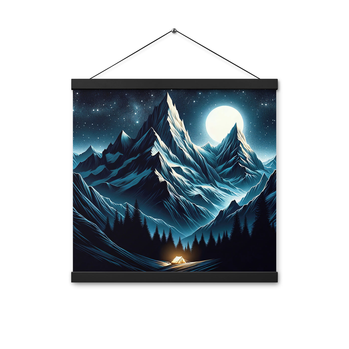 Alpennacht mit Zelt: Mondglanz auf Gipfeln und Tälern, sternenklarer Himmel - Premium Poster mit Aufhängung berge xxx yyy zzz 40.6 x 40.6 cm