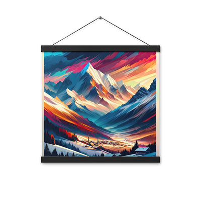 Moderne geometrische Alpen Kunst: Warmer Sonnenuntergangs Schein auf Schneegipfeln - Premium Poster mit Aufhängung berge xxx yyy zzz 40.6 x 40.6 cm