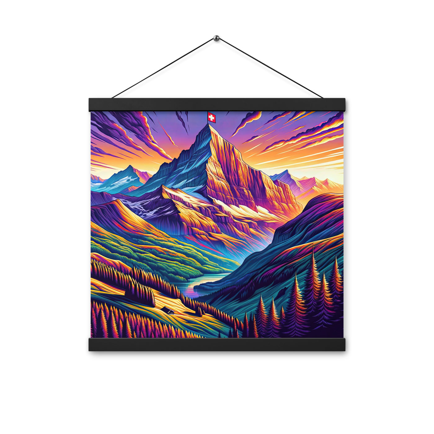 Bergpracht mit Schweizer Flagge: Farbenfrohe Illustration einer Berglandschaft - Premium Poster mit Aufhängung berge xxx yyy zzz 40.6 x 40.6 cm