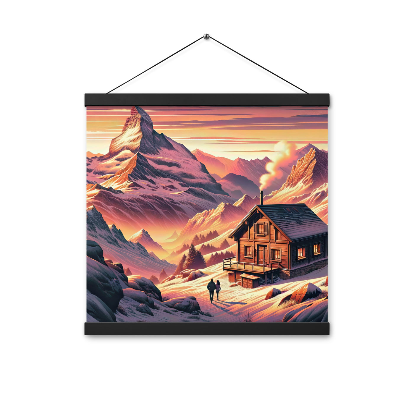 Berghütte im goldenen Sonnenuntergang: Digitale Alpenillustration - Premium Poster mit Aufhängung berge xxx yyy zzz 40.6 x 40.6 cm