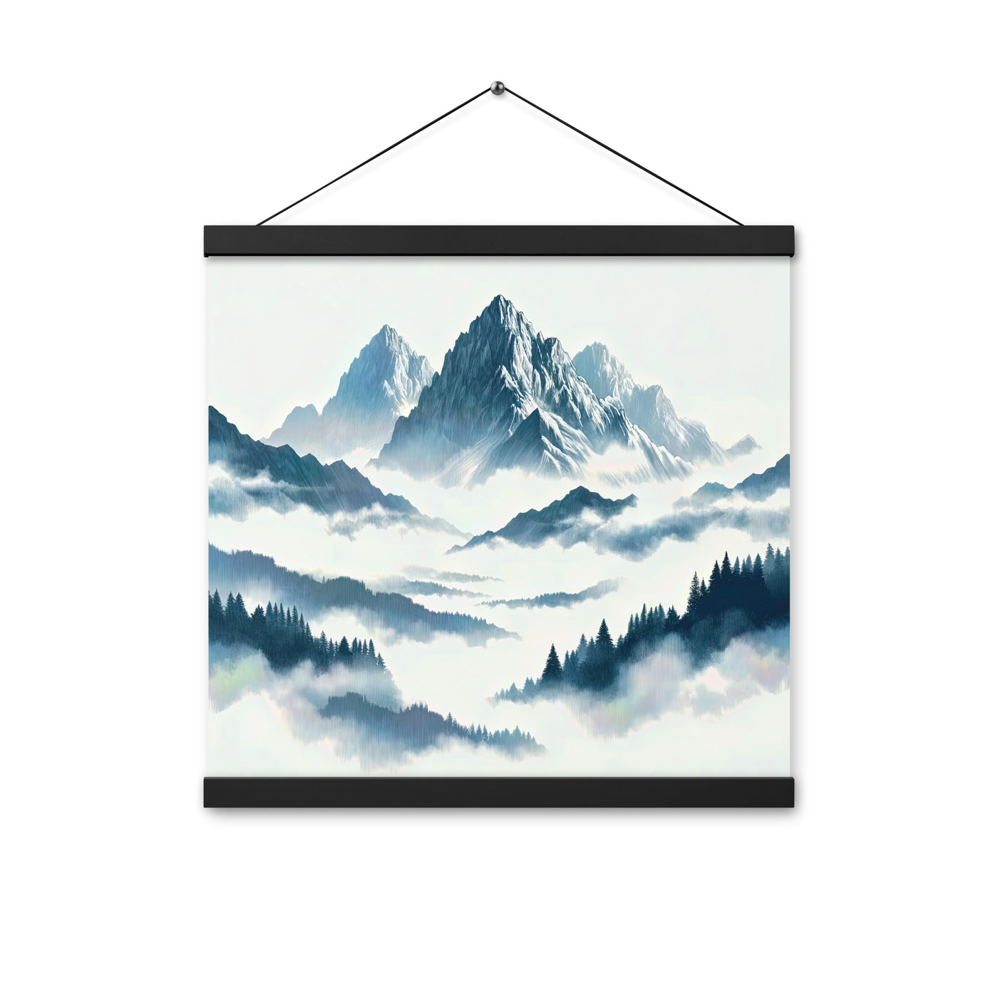 Nebeliger Alpenmorgen-Essenz, verdeckte Täler und Wälder - Premium Poster mit Aufhängung berge xxx yyy zzz 40.6 x 40.6 cm