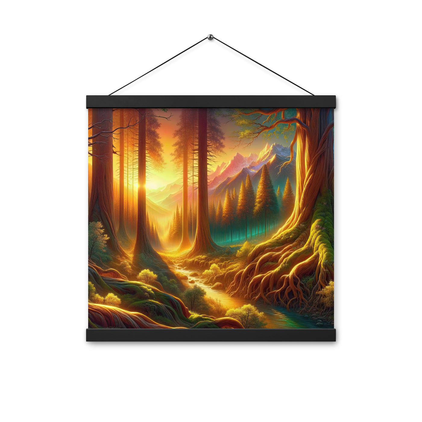 Golden-Stunde Alpenwald, Sonnenlicht durch Blätterdach - Premium Poster mit Aufhängung camping xxx yyy zzz 40.6 x 40.6 cm