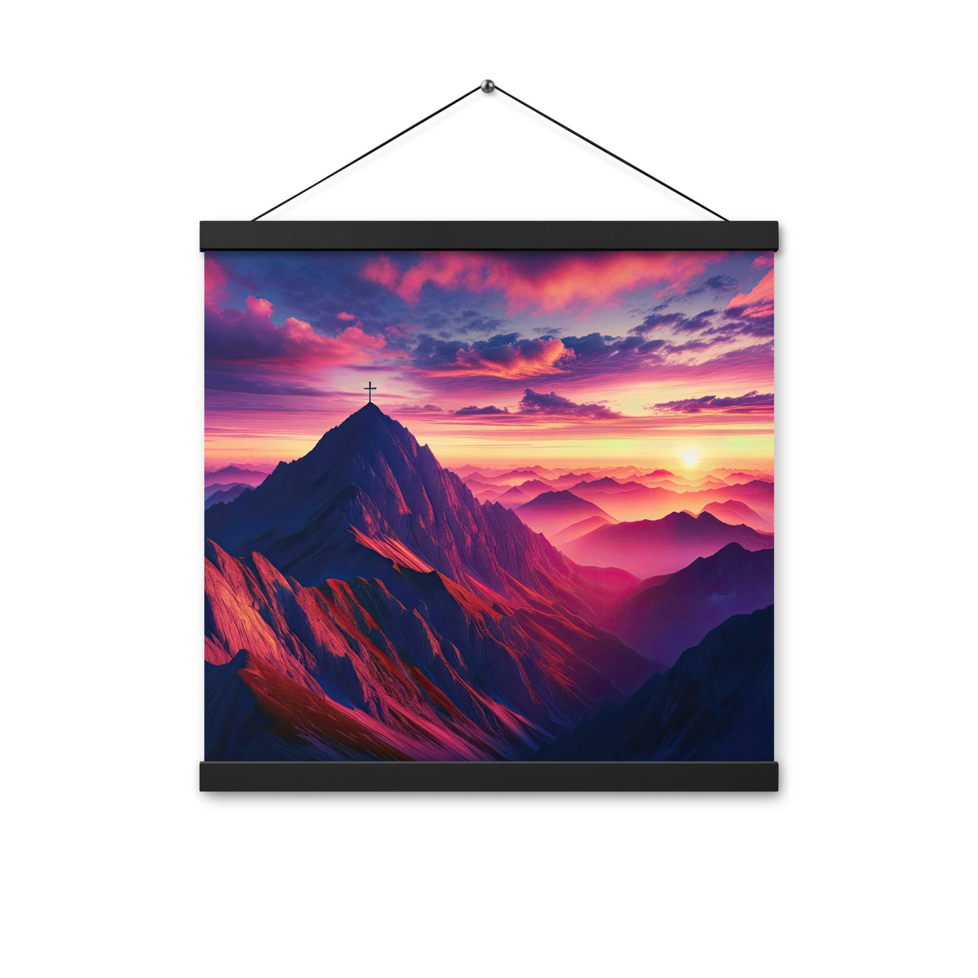 Dramatischer Alpen-Sonnenaufgang, Gipfelkreuz und warme Himmelsfarben - Premium Poster mit Aufhängung berge xxx yyy zzz 40.6 x 40.6 cm