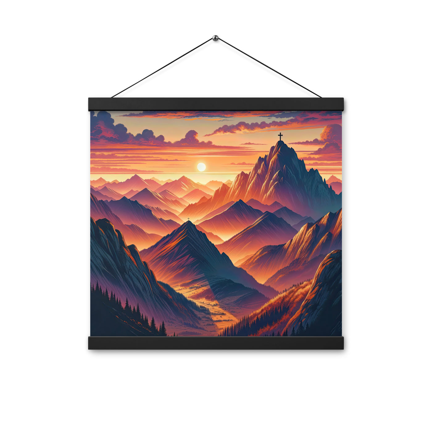 Dramatischer Alpen-Sonnenuntergang, Gipfelkreuz in Orange-Rosa - Premium Poster mit Aufhängung berge xxx yyy zzz 40.6 x 40.6 cm