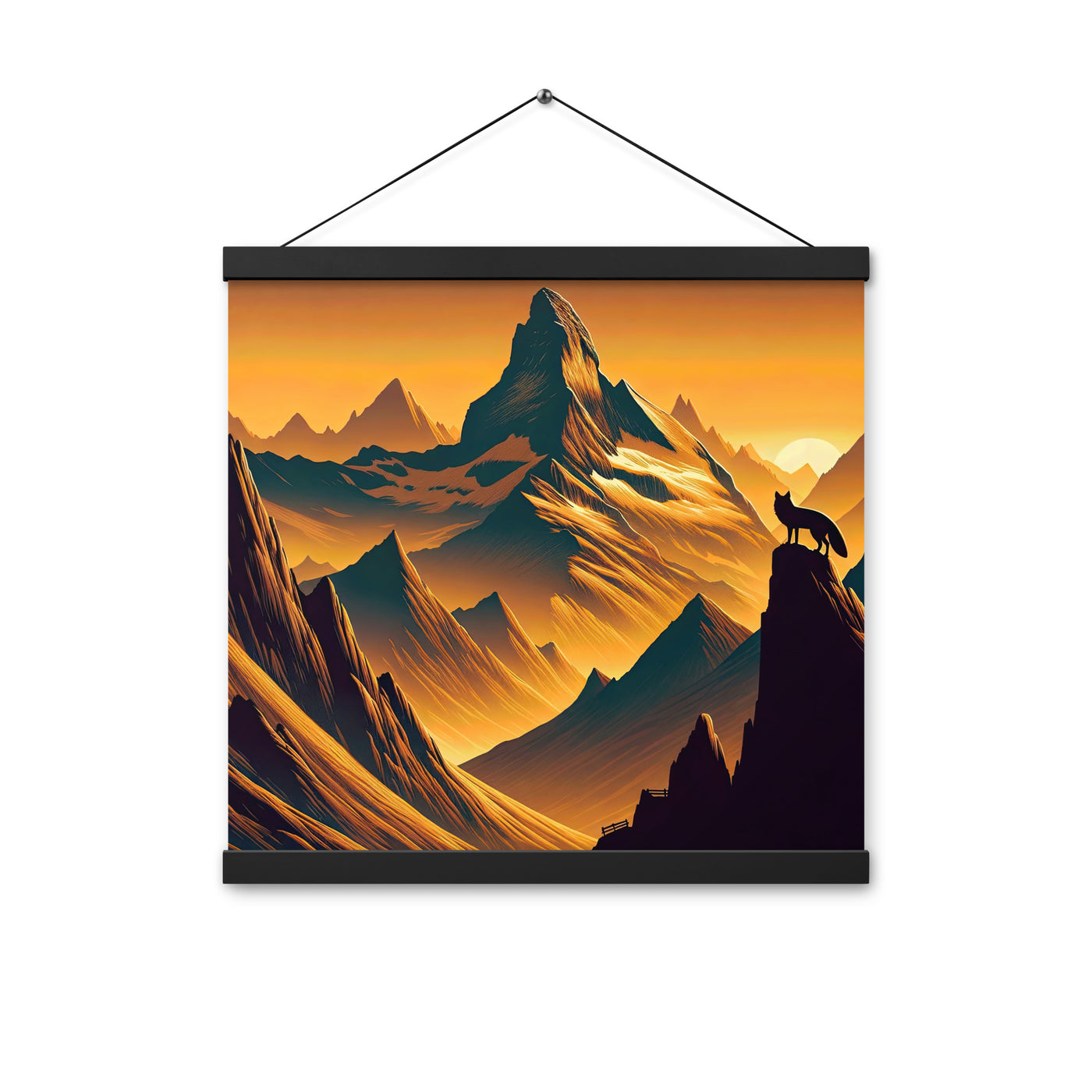 Fuchs in Alpen-Sonnenuntergang, goldene Berge und tiefe Täler - Premium Poster mit Aufhängung camping xxx yyy zzz 40.6 x 40.6 cm