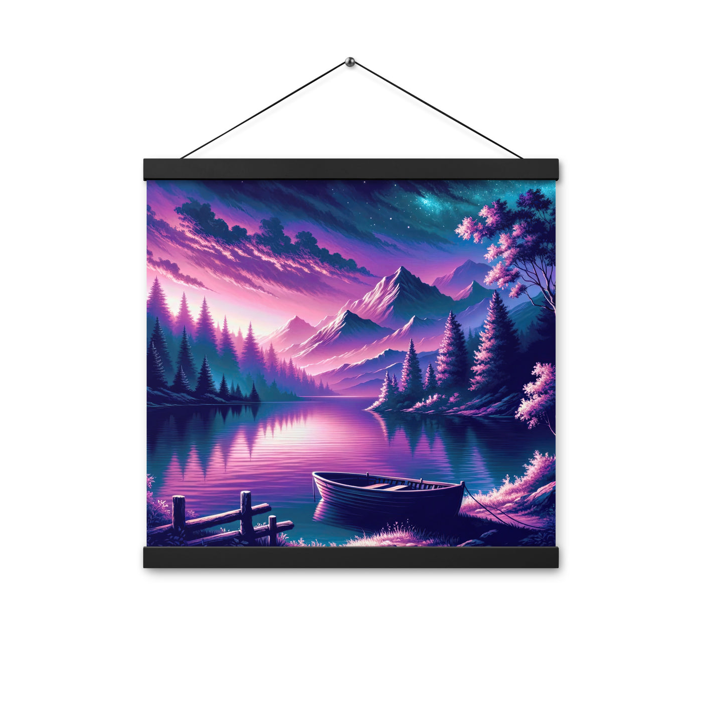 Magische Alpen-Dämmerung, rosa-lila Himmel und Bergsee mit Boot - Premium Poster mit Aufhängung berge xxx yyy zzz 40.6 x 40.6 cm