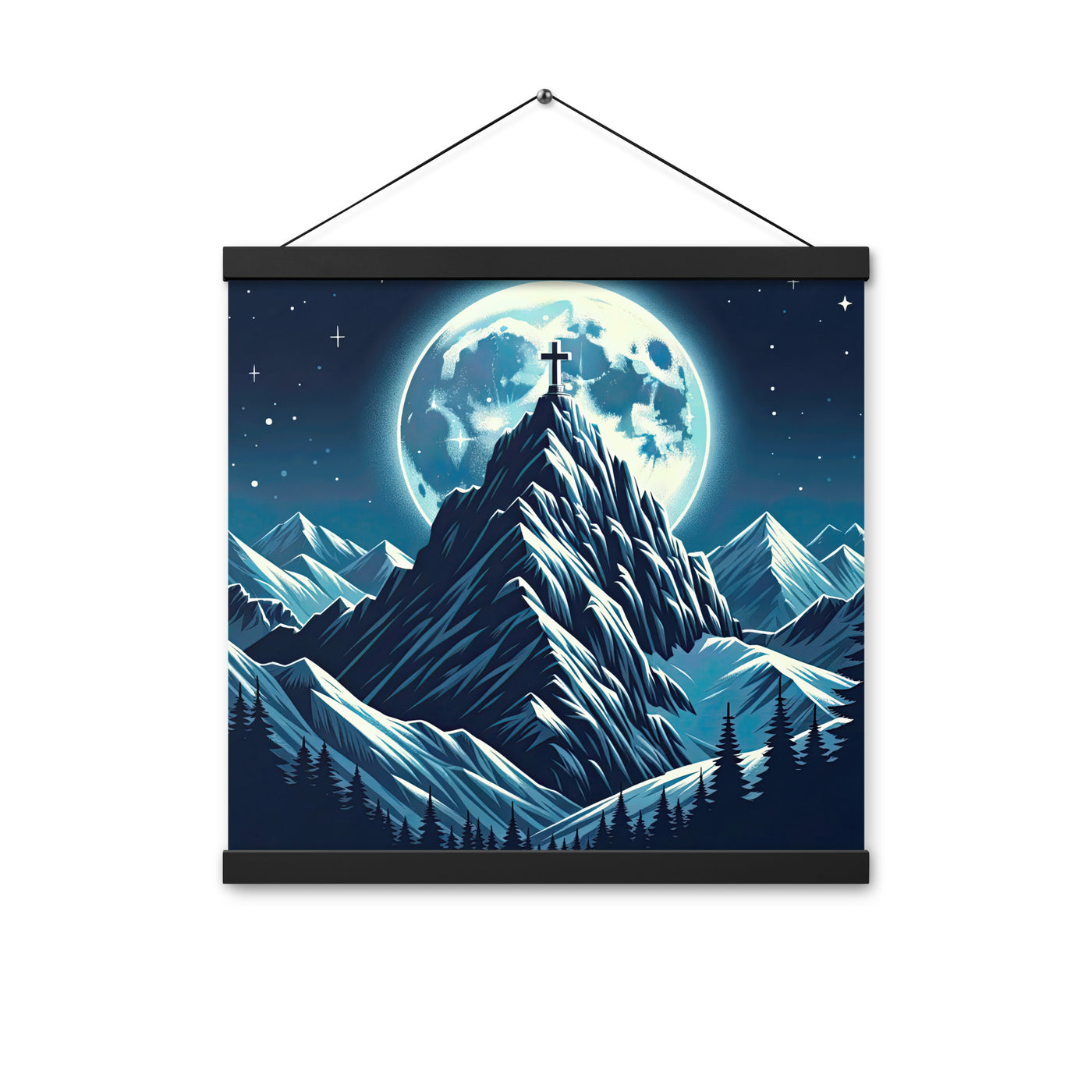 Mondnacht und Gipfelkreuz in den Alpen, glitzernde Schneegipfel - Premium Poster mit Aufhängung berge xxx yyy zzz 40.6 x 40.6 cm