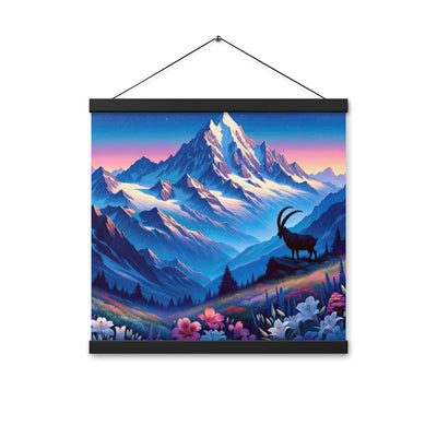 Steinbock bei Dämmerung in den Alpen, sonnengeküsste Schneegipfel - Premium Poster mit Aufhängung berge xxx yyy zzz 40.6 x 40.6 cm