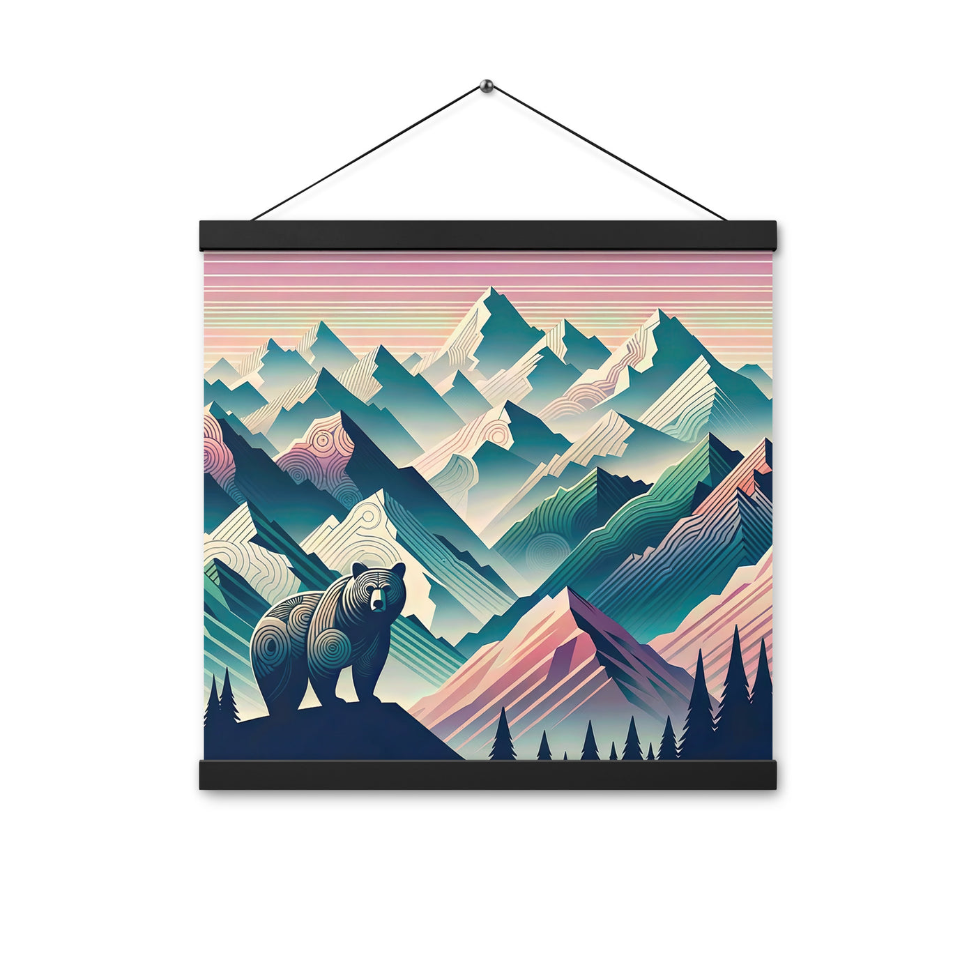Bär im Panoramablick der Alpen, moderne Kunst-Gebirgsschichten - Premium Poster mit Aufhängung camping xxx yyy zzz 40.6 x 40.6 cm