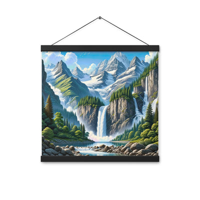 Illustration einer unberührten Alpenkulisse im Hochsommer. Wasserfall und See - Premium Poster mit Aufhängung berge xxx yyy zzz 40.6 x 40.6 cm