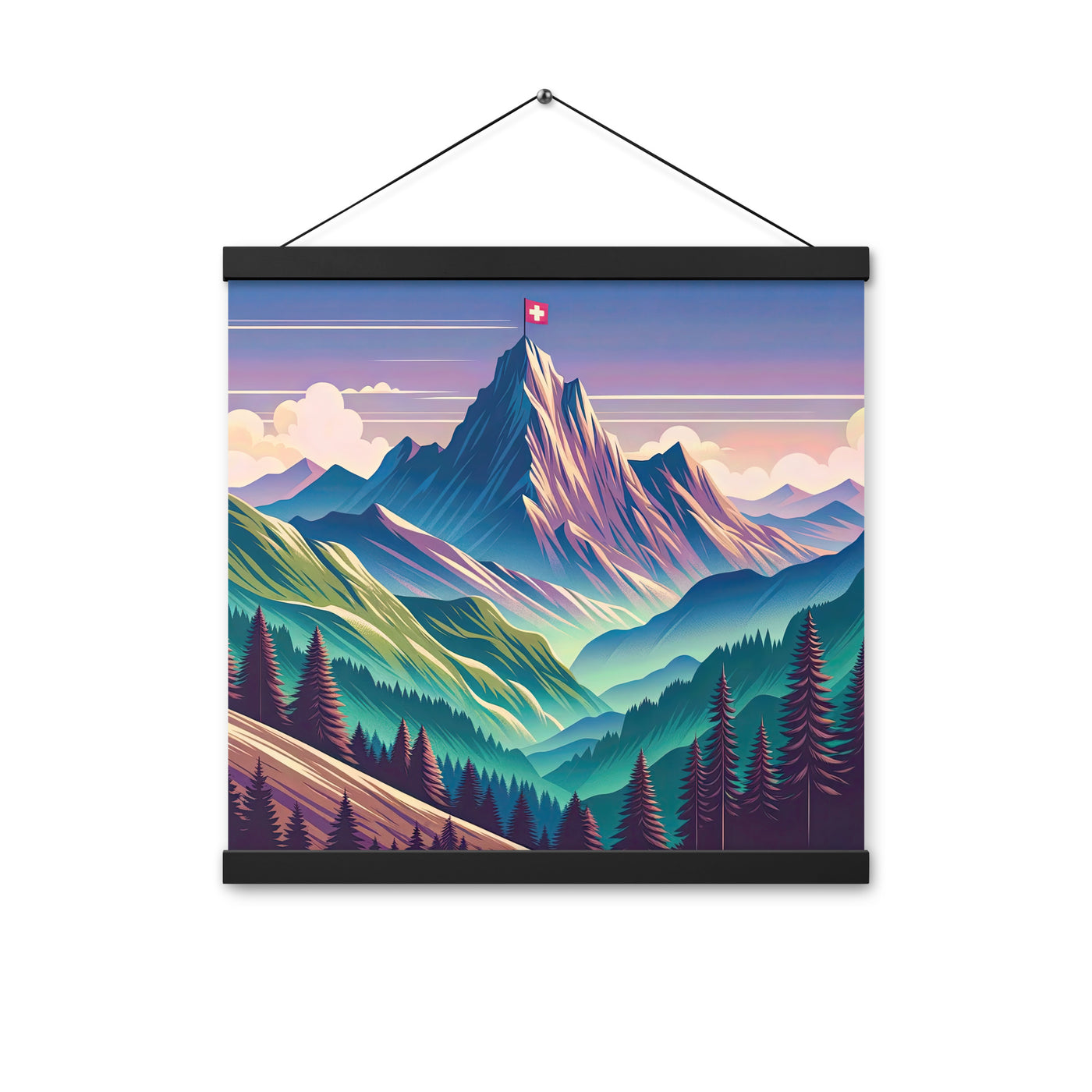 Harmonische Berglandschaft mit Schweizer Flagge auf Gipfel - Premium Poster mit Aufhängung berge xxx yyy zzz 40.6 x 40.6 cm
