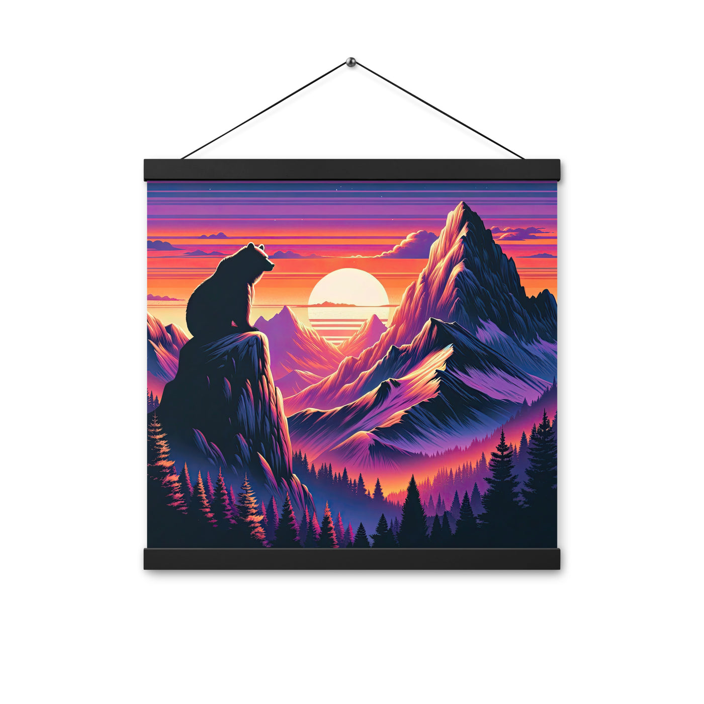 Alpen-Sonnenuntergang mit Bär auf Hügel, warmes Himmelsfarbenspiel - Premium Poster mit Aufhängung camping xxx yyy zzz 40.6 x 40.6 cm