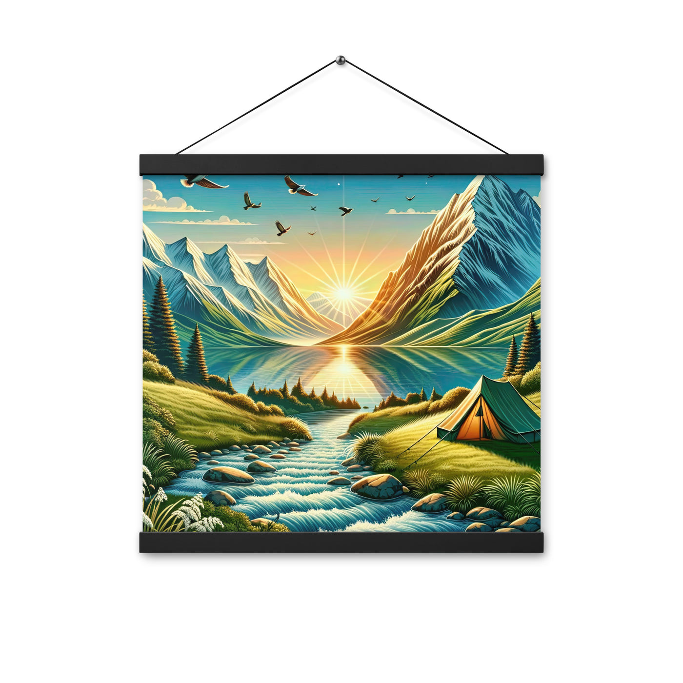 Zelt im Alpenmorgen mit goldenem Licht, Schneebergen und unberührten Seen - Premium Poster mit Aufhängung berge xxx yyy zzz 40.6 x 40.6 cm