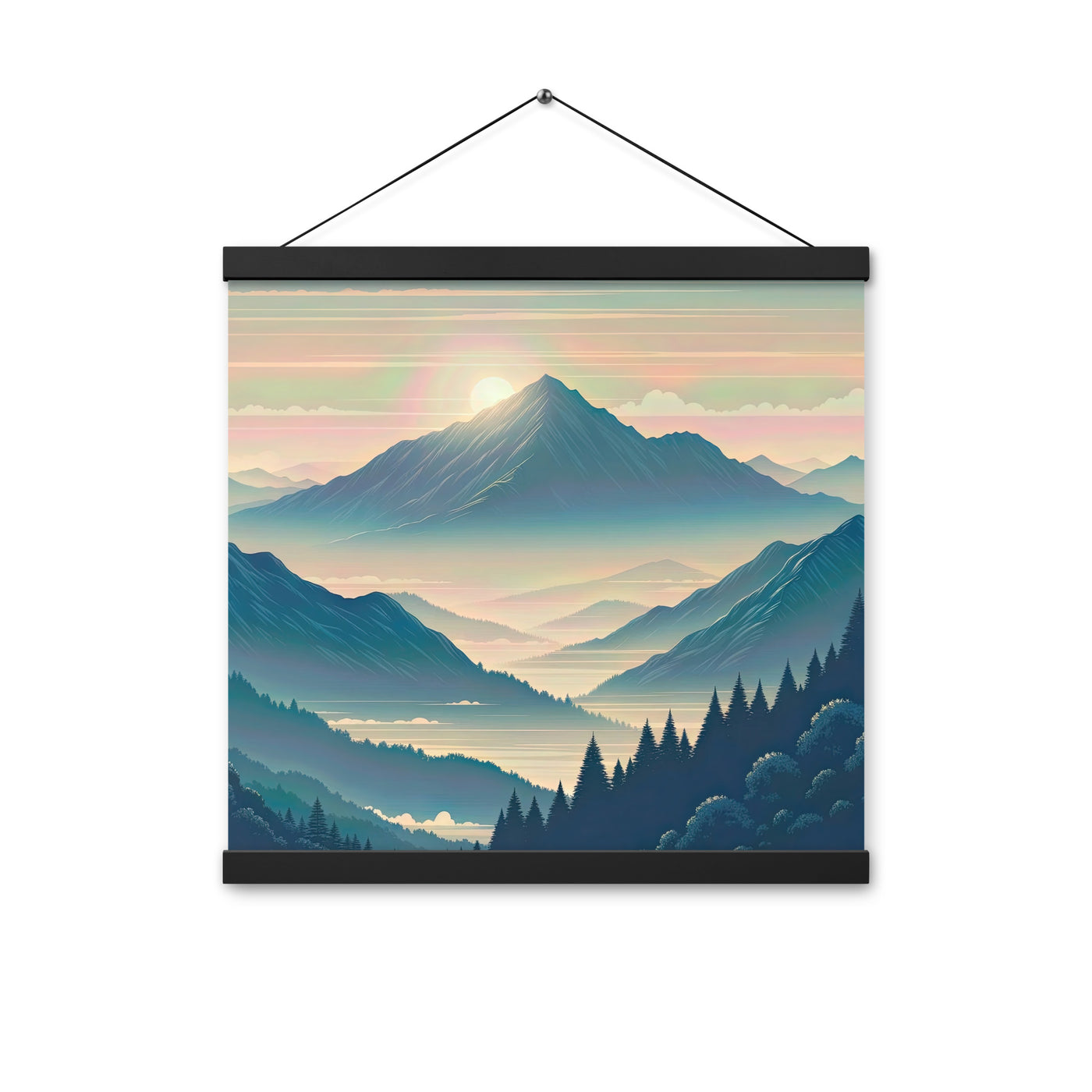 Bergszene bei Morgendämmerung, erste Sonnenstrahlen auf Bergrücken - Premium Poster mit Aufhängung berge xxx yyy zzz 40.6 x 40.6 cm