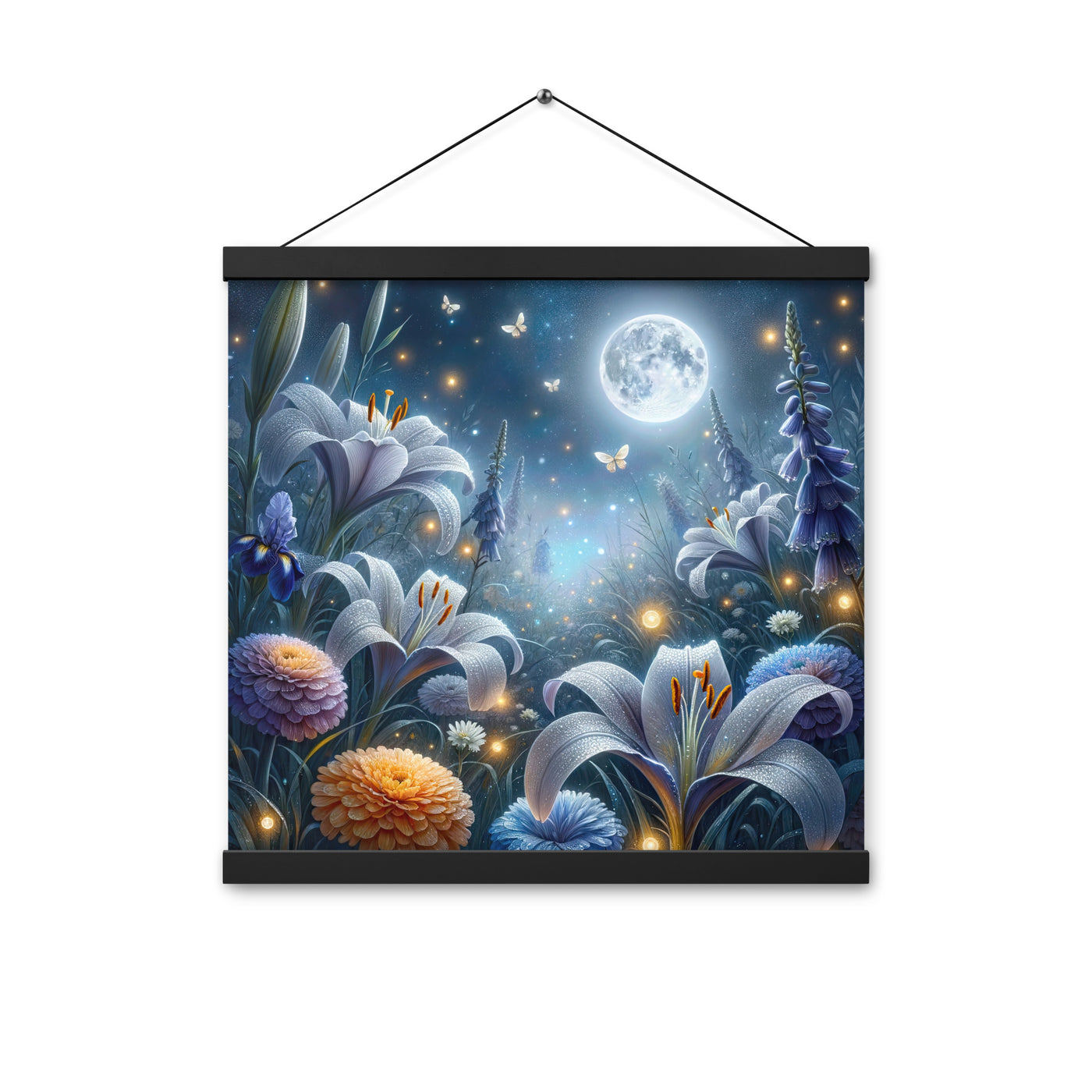 Ätherische Mondnacht auf blühender Wiese, silbriger Blumenglanz - Premium Poster mit Aufhängung camping xxx yyy zzz 40.6 x 40.6 cm