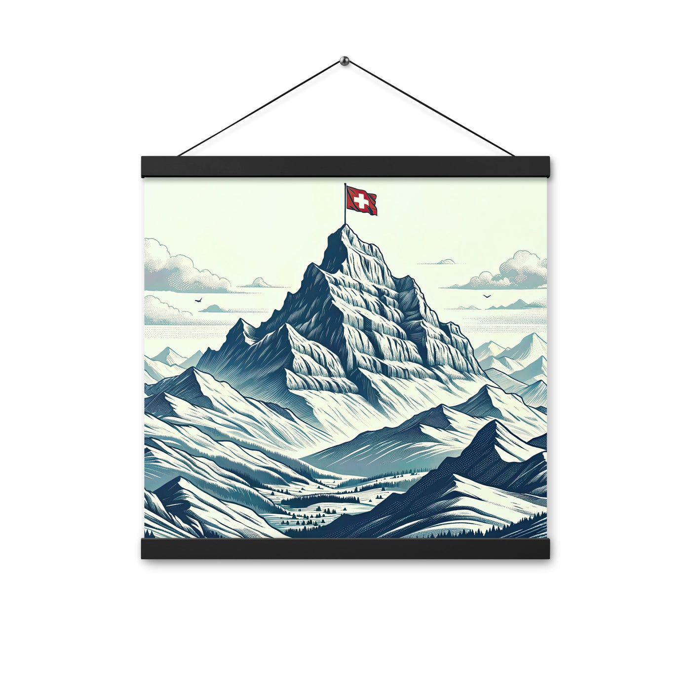 Ausgedehnte Bergkette mit dominierendem Gipfel und wehender Schweizer Flagge - Premium Poster mit Aufhängung berge xxx yyy zzz 40.6 x 40.6 cm